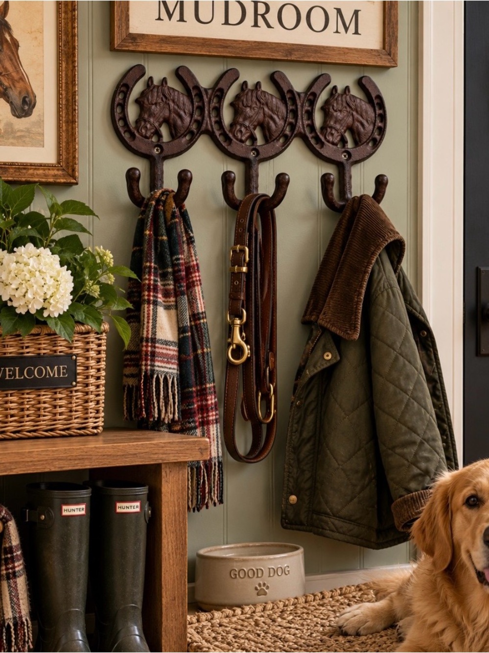Cast Iron Horse Horseshoe Triple Wall Hook Rack